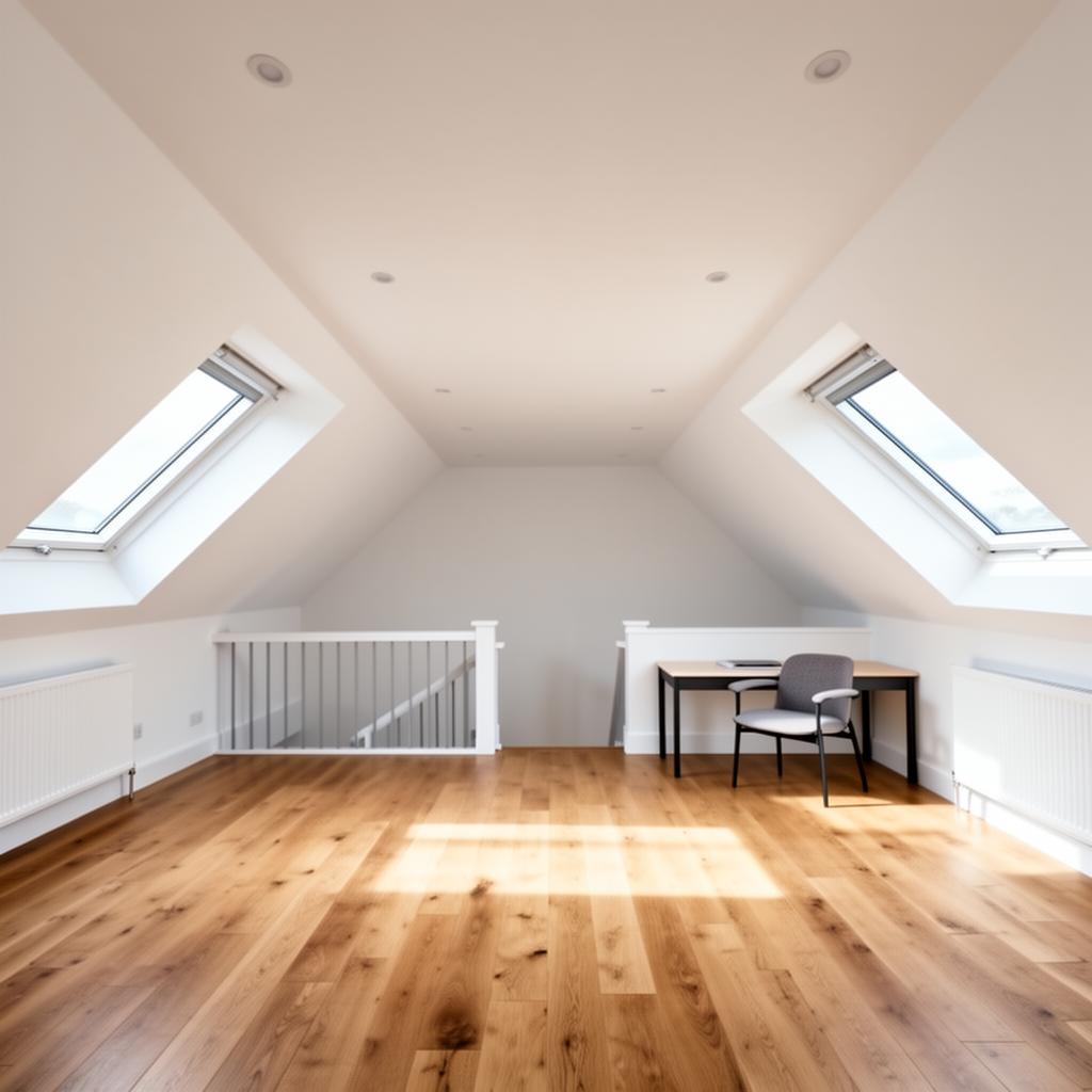 Zaključena mansardna soba s spuščenim stropom in Velux oknom.