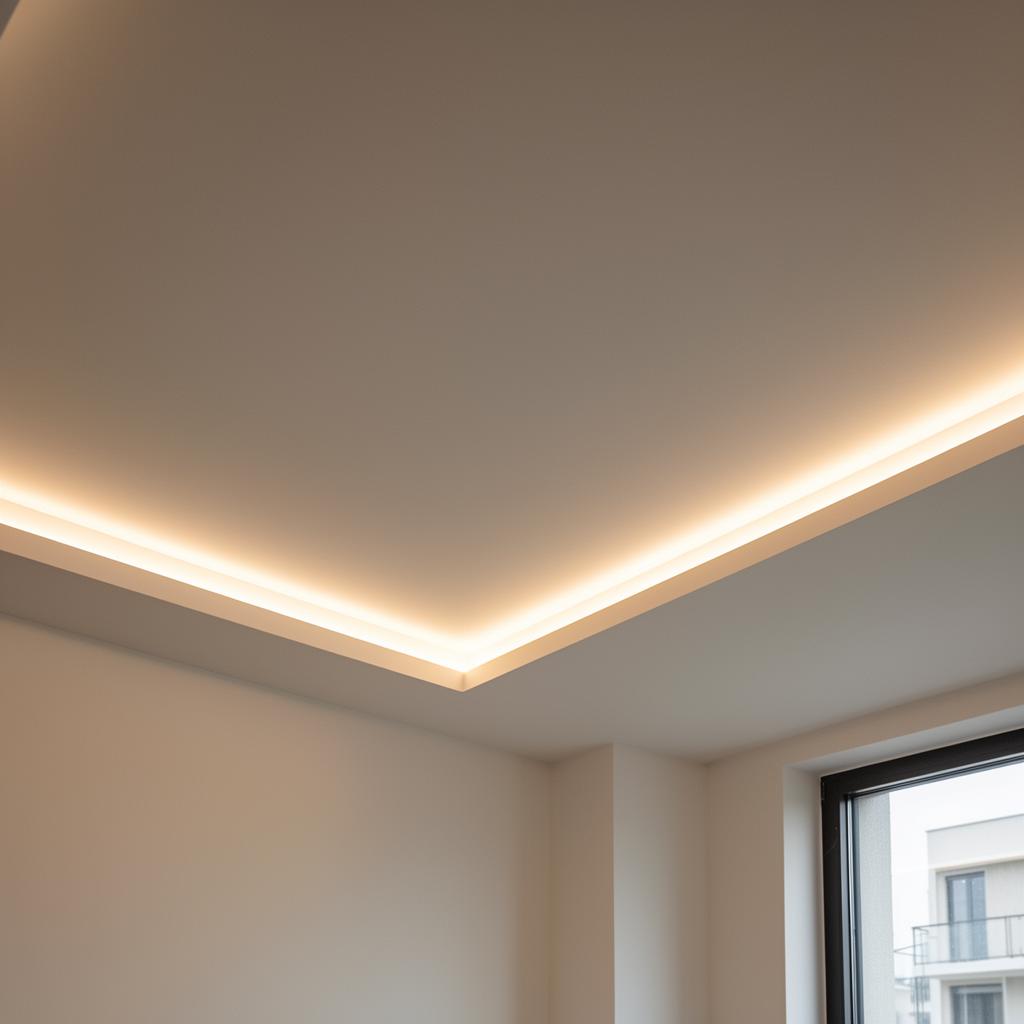 Spuščen mavčno-kartonski strop z LED osvetlitvijo v dnevni sobi.